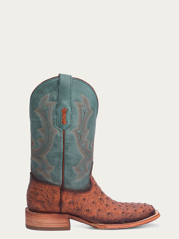 Corral Boots A4500 - MEN'S EMBROIDERY COGNAC FULL QUILL OSTRICH WIDE SQUARE TOE NAVY BLUE COWBOY BOOT