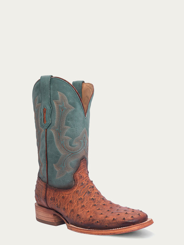 corral boots A4500 - MEN'S EMBROIDERY COGNAC FULL QUILL OSTRICH WIDE SQUARE TOE NAVY BLUE COWBOY BOOT