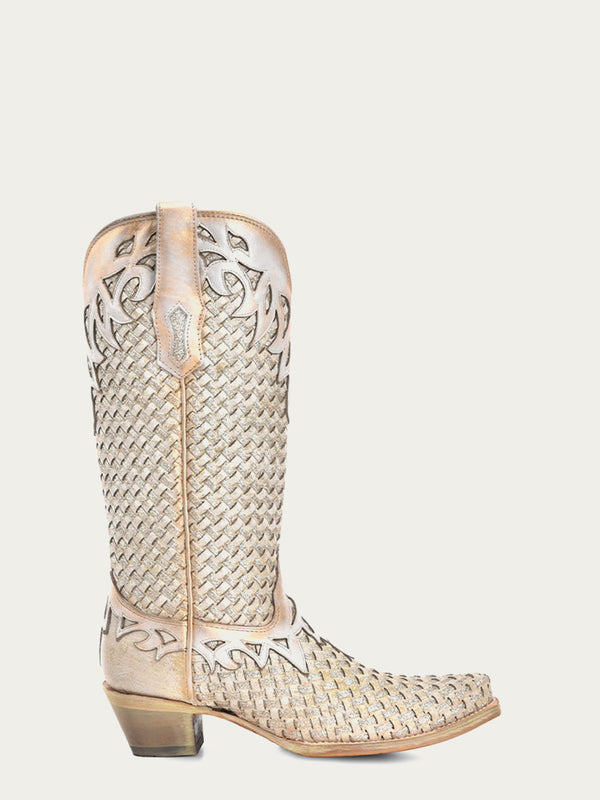 Corral Boots A4505 -WOMEN'S WHITE GLITTER WOVEN OVERLAY SNIP-TOE COWBOY BOOT
