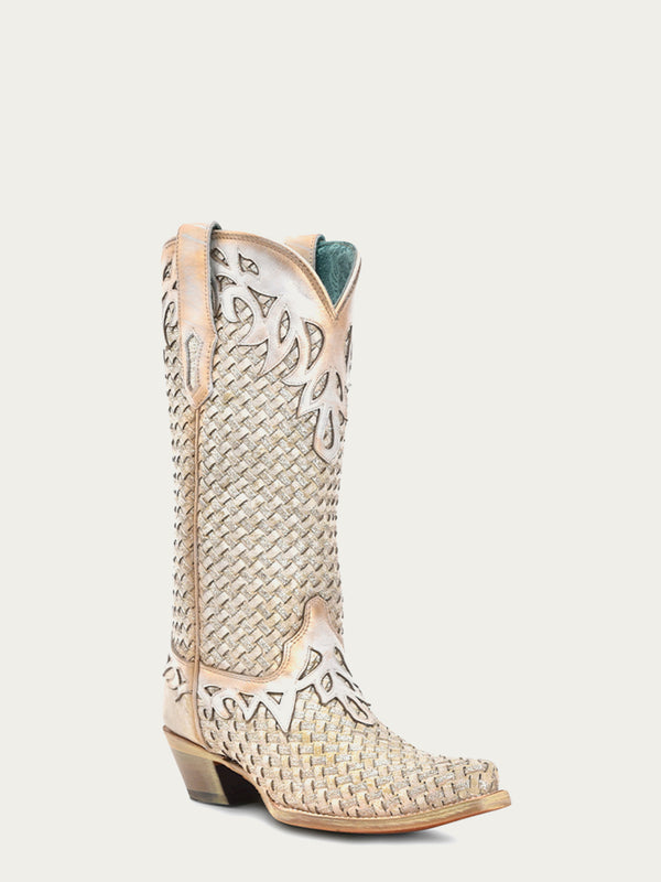 corral boots A4505 -WOMEN'S WHITE GLITTER WOVEN OVERLAY SNIP-TOE COWBOY BOOT