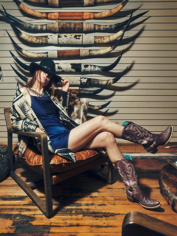 Corral Boots A4512 - WOMEN'S EMBROIDERY WITH CRYSTALS AND STUDS METALIC LILAC SNIP TOE STUDDED WING TIP COWBOY BOOT