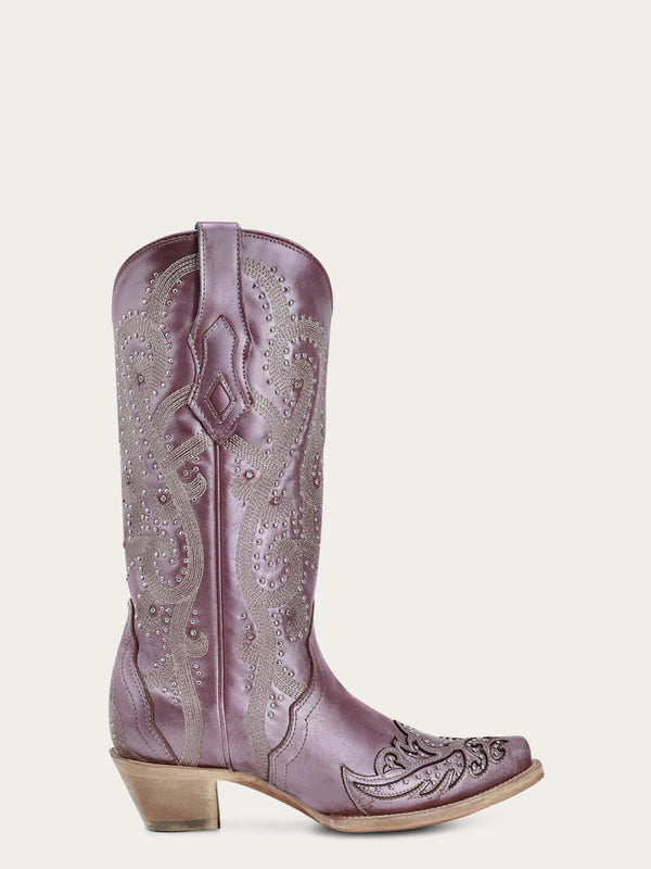 Corral Boots A4512 - WOMEN'S EMBROIDERY WITH CRYSTALS AND STUDS METALIC LILAC SNIP TOE STUDDED WING TIP COWBOY BOOT