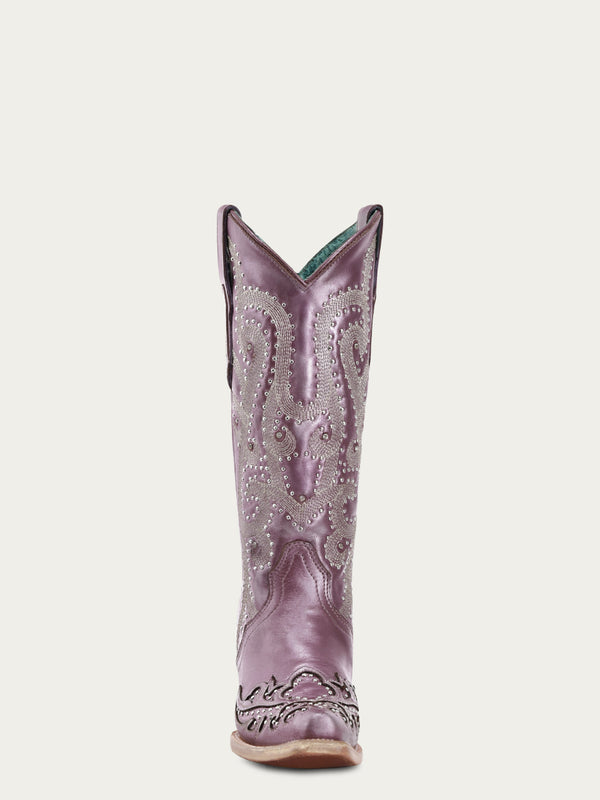 Corral Boots A4512 - WOMEN'S EMBROIDERY WITH CRYSTALS AND STUDS METALIC LILAC SNIP TOE STUDDED WING TIP COWBOY BOOT
