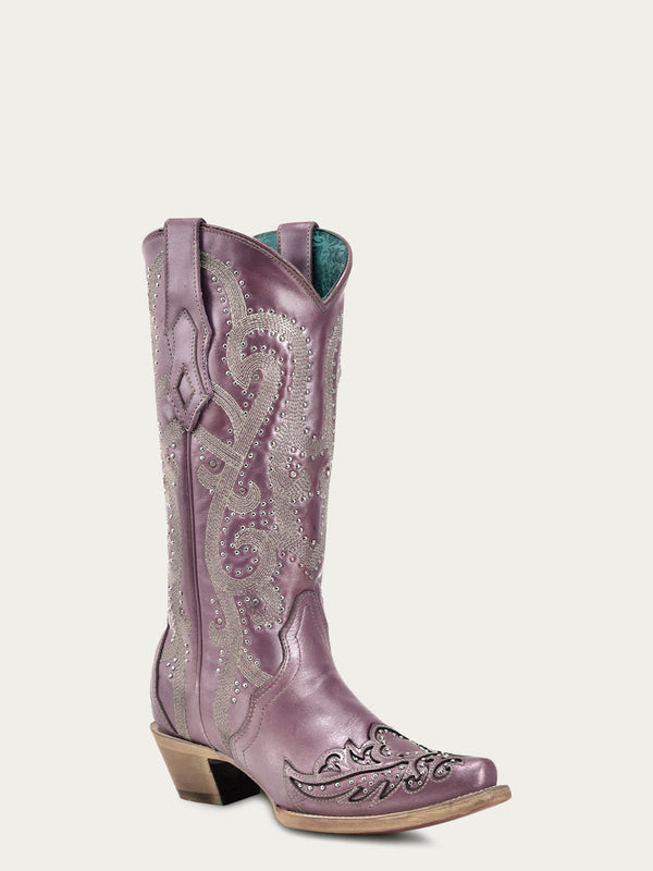 corral boots A4512 - WOMEN'S EMBROIDERY WITH CRYSTALS AND STUDS METALIC LILAC SNIP TOE STUDDED WING TIP COWBOY BOOT