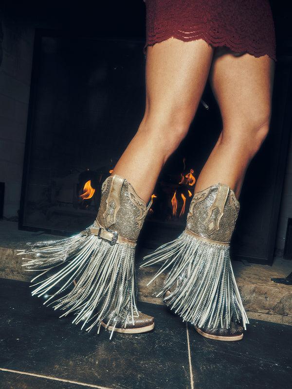 Corral Boots A4514 - WOMEN'S SILVER-GOLD FINISH WITH CRYSTAL FRINGE HARNESS AND STUDS SNIP TOE COWBOY BOOT