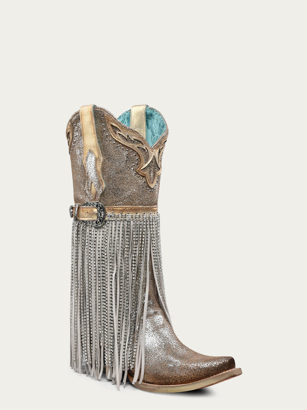 corral boots A4514 - WOMEN'S SILVER-GOLD FINISH WITH CRYSTAL FRINGE HARNESS AND STUDS SNIP TOE COWBOY BOOT corral boots A4514 - WOMEN'S SILVER-GOLD FINISH WITH CRYSTAL FRINGE HARNESS AND STUDS SNIP TOE COWBOY BOOT