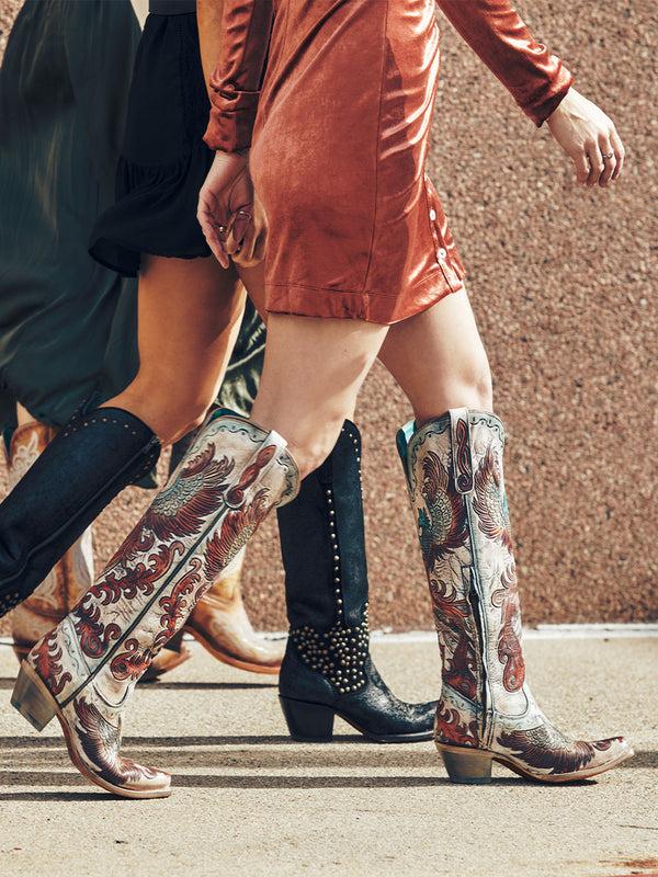 corral Boots A4516 - WOMEN'S HAND PAINTED AND TOOLED FIRE PHOENIX WHITE TALL TOP SNIP TOE COWBOY BOOT
