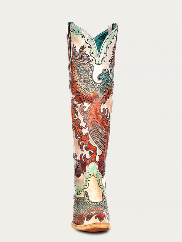 corral Boots A4516 - WOMEN'S HAND PAINTED AND TOOLED FIRE PHOENIX WHITE TALL TOP SNIP TOE COWBOY BOOT