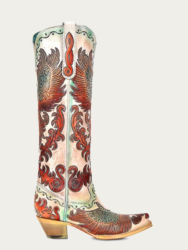 Corral Boots A4516 - WOMEN'S HAND PAINTED AND TOOLED FIRE PHOENIX WHITE TALL TOP SNIP TOE COWBOY BOOT