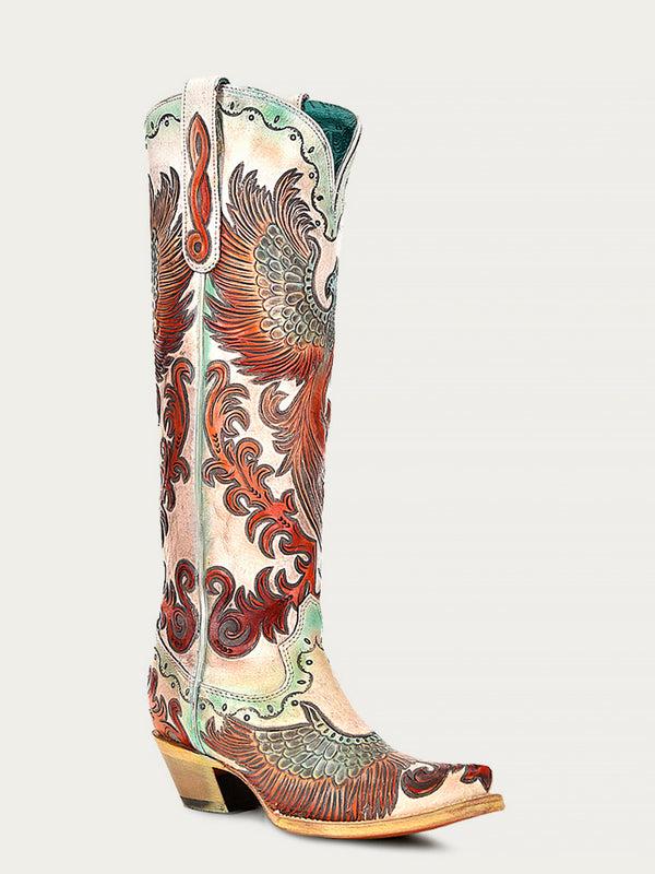 corral boots A4516 - WOMEN'S HAND PAINTED AND TOOLED FIRE PHOENIX WHITE TALL TOP SNIP TOE COWBOY BOOT corral boots A4516 - WOMEN'S HAND PAINTED AND TOOLED FIRE PHOENIX WHITE TALL TOP SNIP TOE COWBOY BOOT