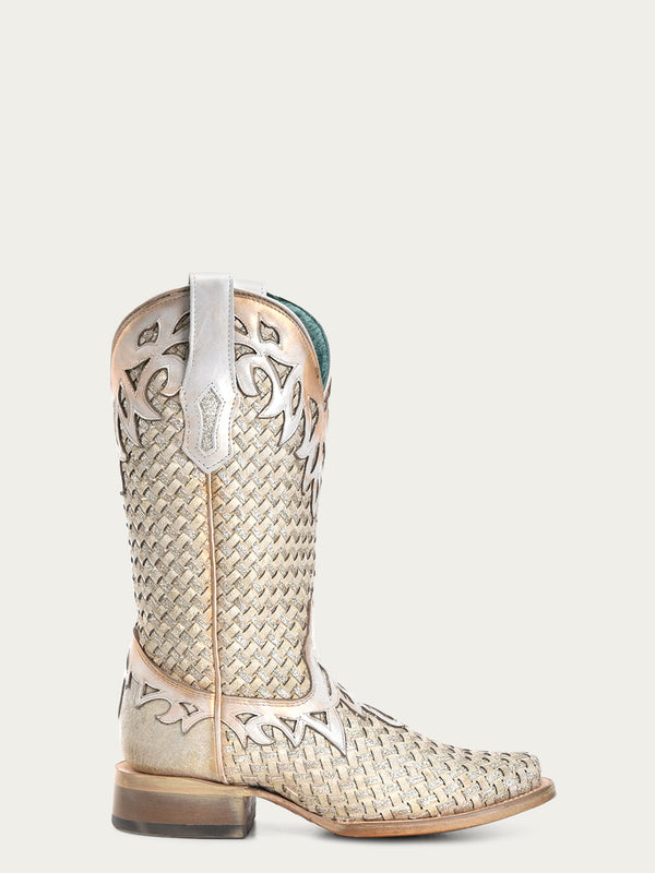 Corral Boots A4524 - WOMEN'S WHITE GLITTER WOVEN OVERLAY SQUARE TOE COWBOY BOOT