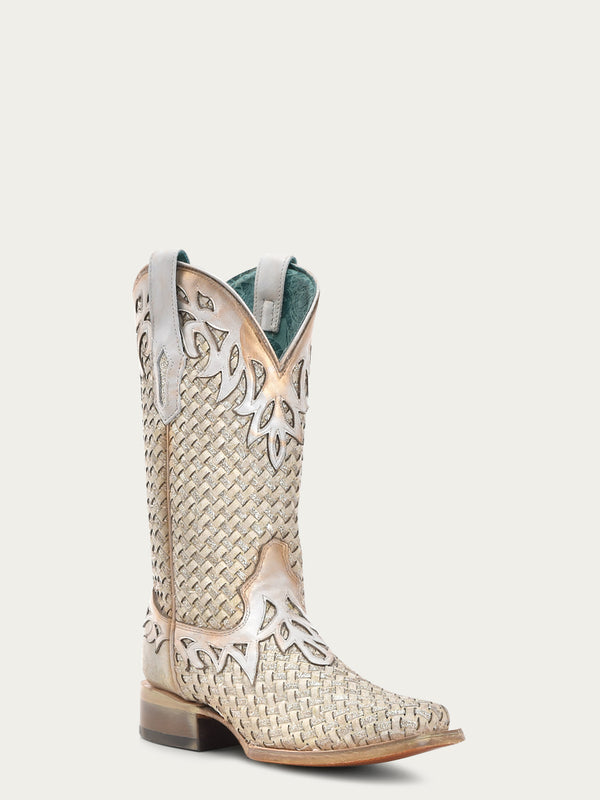 corral boots A4524 - WOMEN'S WHITE GLITTER WOVEN OVERLAY SQUARE TOE COWBOY BOOT