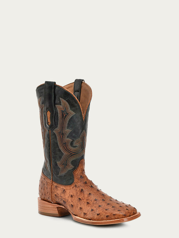 corral boots A4533 - MEN'S EMBROIDERY AND TAN OSTRICH VAMP AND COUNTER OLIVE GREEN WIDE SQUARE-TOE COWBOY BOOT