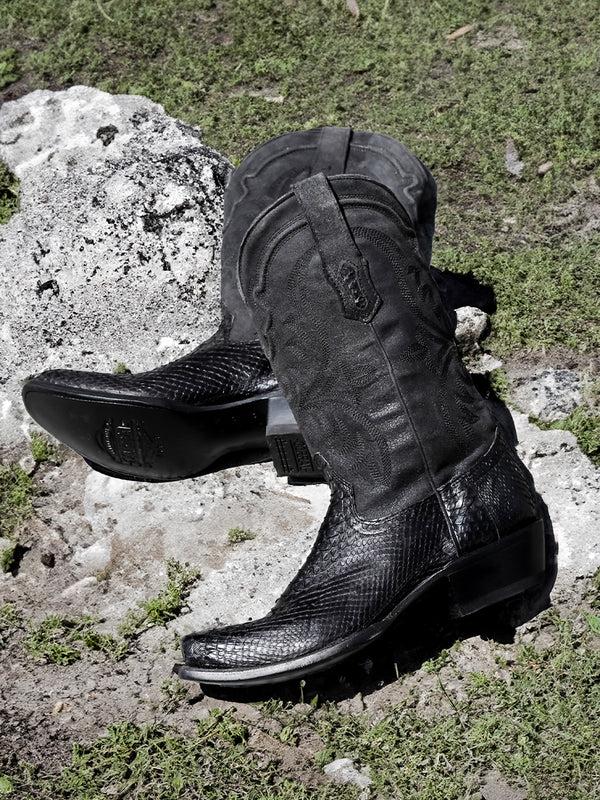 Corral Boots A4551 - MEN'S EMBROIDERY AND GENUINE PYTHON BLACK NARROW SQUARE TOE COWBOY BOOT