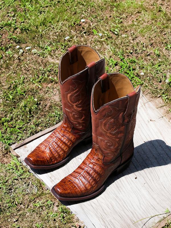 Corral Boots A4552 - MEN'S EMBROIDERY HONEY BROWN CAIMAN NARROW SQUARE TOE COWBOY BOOT