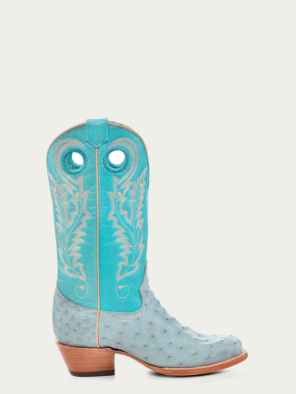 Corral Boots A4563 - WOMEN'S EMBROIDERY AND CUT OUT BLUE OSTRICH SQUARE TOE COWBOY BOOT