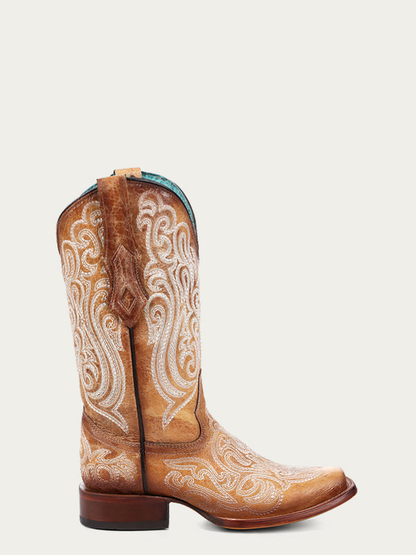 Corral Boots A4580 - WOMEN'S BLUE LUMINESCENT EMBROIDERY STRAW SQUARE TOE COWBOY BOOT