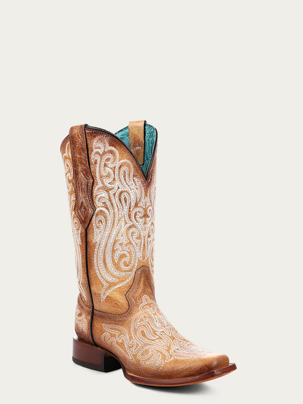 corral boots A4580 - WOMEN'S BLUE LUMINESCENT EMBROIDERY STRAW SQUARE TOE COWBOY BOOT