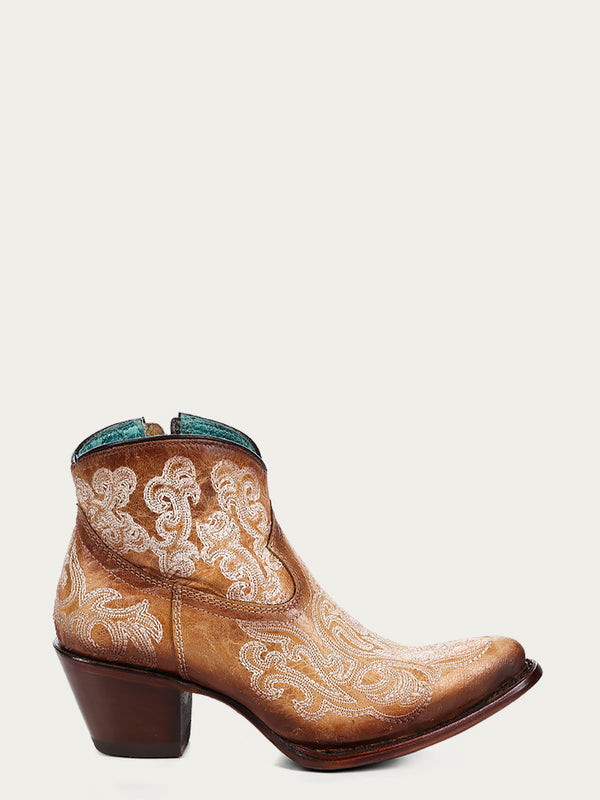 Corral Boots A4581 - WOMEN'S LUMINESCENT EMBROIDERY STRAW BLUE J-TOE ANKLE BOOT WITH ZIPPER