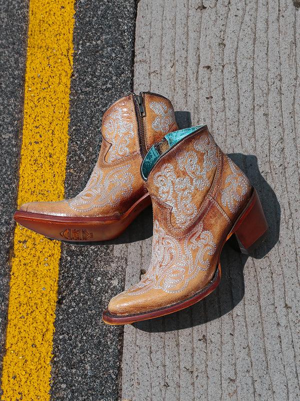 Corral Boots A4581 - WOMEN'S LUMINESCENT EMBROIDERY STRAW BLUE J-TOE ANKLE BOOT WITH ZIPPER