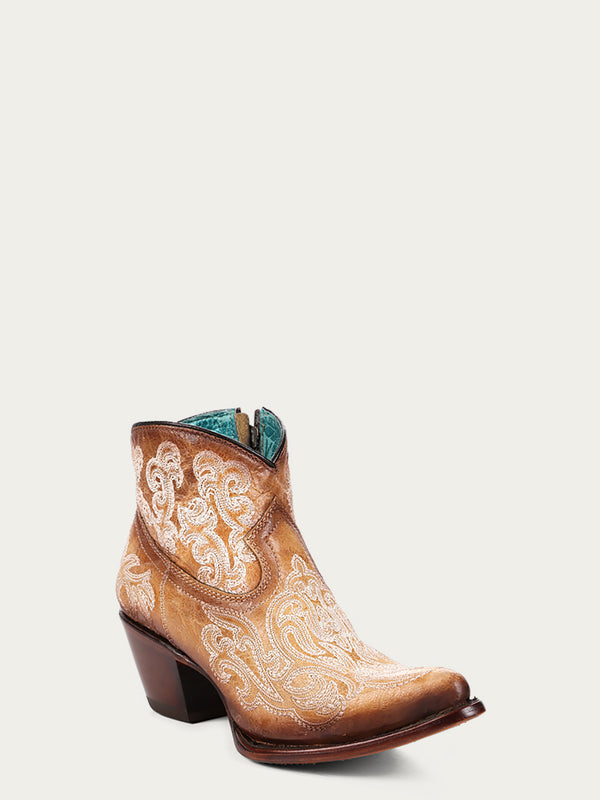 corral boots A4581 - WOMEN'S LUMINESCENT EMBROIDERY STRAW BLUE J-TOE ANKLE BOOT WITH ZIPPER