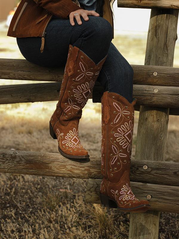 Corral Boots A4584 - WOMEN'S MULTICOLOR LUMINESCENT EMBROIDERY AND STUDS SHEDRON SUEDE TALL TOP SNIP TOE COWBOY BOOT