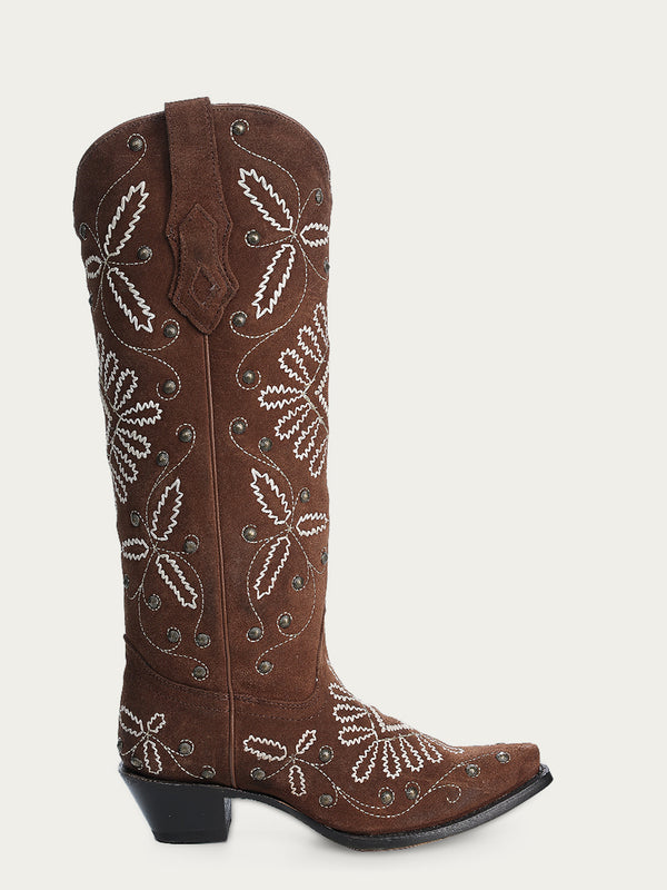 Corral Boots A4584 - WOMEN'S MULTICOLOR LUMINESCENT EMBROIDERY AND STUDS SHEDRON SUEDE TALL TOP SNIP TOE COWBOY BOOT