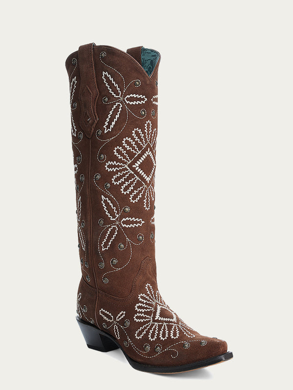 corral boots A4584 - WOMEN'S MULTICOLOR LUMINESCENT EMBROIDERY AND STUDS SHEDRON SUEDE TALL TOP SNIP TOE COWBOY BOOT