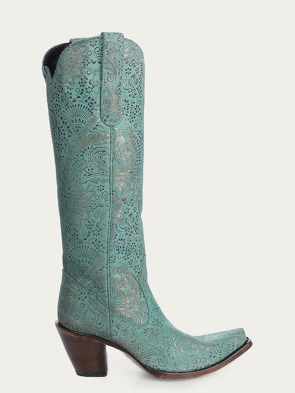 Corral Boots A4587 - WOMEN'S GOLD STAMPED FLORAL TURQOUISE SNIP TOE COWBOY BOOT
