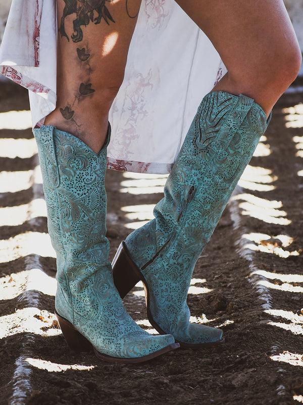 Corral Boots A4587 - WOMEN'S GOLD STAMPED FLORAL TURQOUISE SNIP TOE COWBOY BOOT