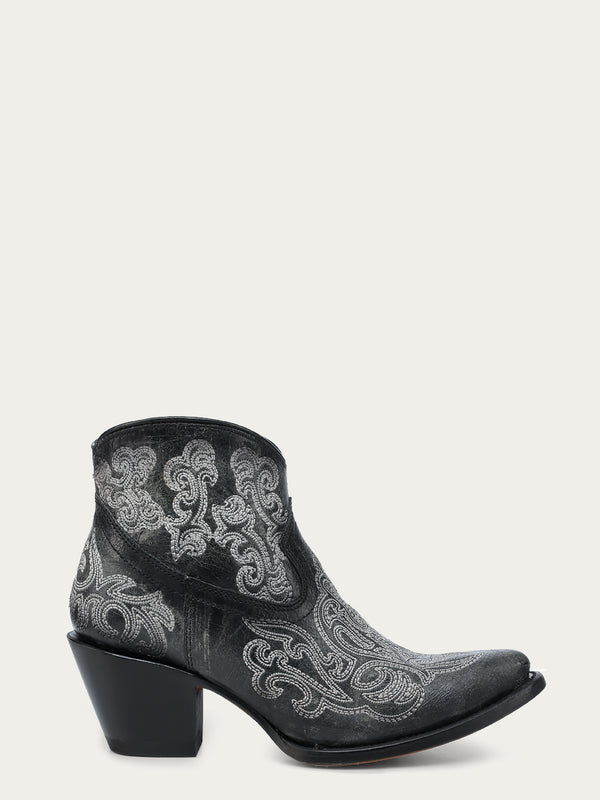 Corral Boots A4598 - WOMEN'S LUMINESCENT EMBROIDERY BLACK J-TOE ANKLE BOOT WITH ZIPPER