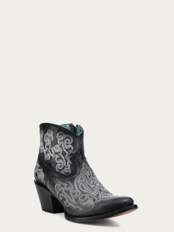 corral boots A4598 - WOMEN'S LUMINESCENT EMBROIDERY BLACK J-TOE ANKLE BOOT WITH ZIPPER