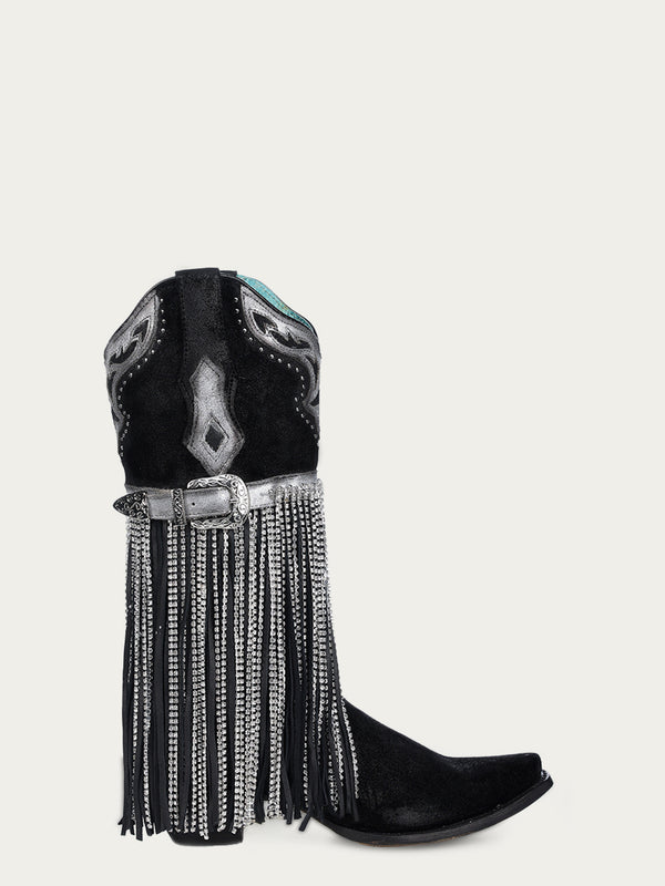Corral Boots A4599 - WOMEN'S EMABROIDERY STUDS WITH LAMB AND CRYSTAL FRINGE AND HARNESS BLACK SNIP TOE COWBOY BOOT