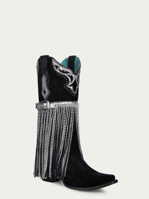 corral boots A4599 - WOMEN'S EMABROIDERY STUDS WITH LAMB AND CRYSTAL FRINGE AND HARNESS BLACK SNIP TOE COWBOY BOOT
