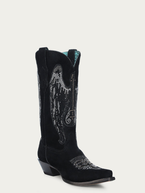 corral boots A4611 - WOMEN'S CRYSTALS WINGED GUITAR BLACK SNIP TOE COWBOY BOOT