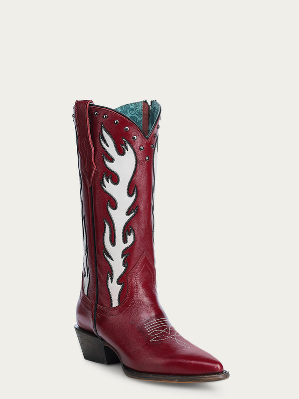 corral boots A4623 - WOMEN'S EMBROIDERY AND STUDS WHITE OVERLAY RED POINTED TOE COWBOY BOOT