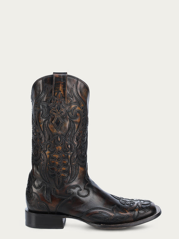 Corral Boots A4655 - MEN'S HONEY OVERLAY AND EMBROIDERY BLACK WIDE SQUARE TOE COWBOY BOOT