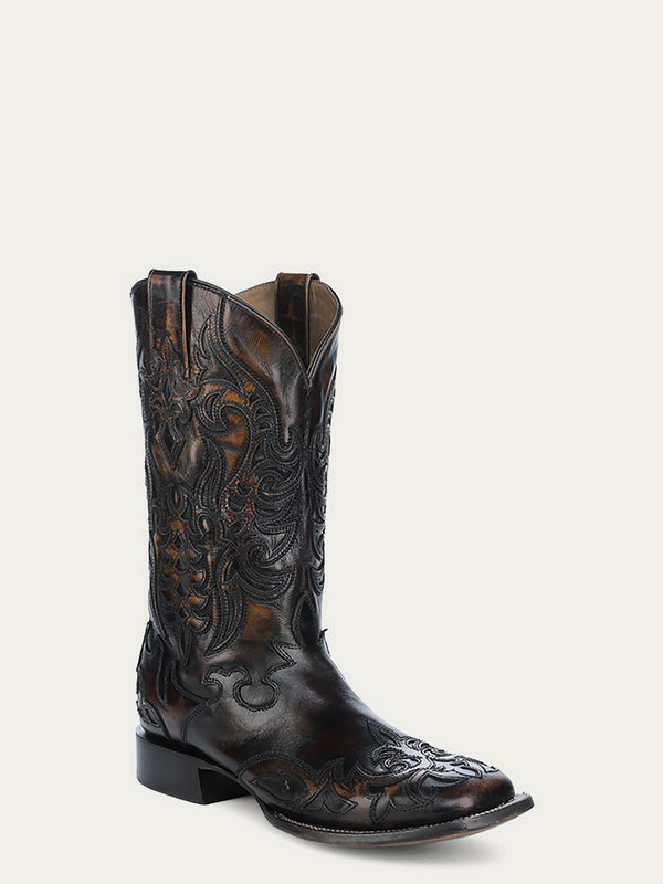 corral boots A4655 - MEN'S HONEY OVERLAY AND EMBROIDERY BLACK WIDE SQUARE TOE COWBOY BOOT