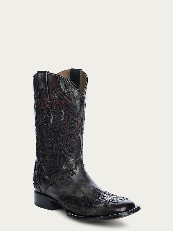 corral boots A4656 - MEN'S EMBROIDERY OVERLAY BLACK BONE WIDE SQUARE TOE COWBOY BOOT