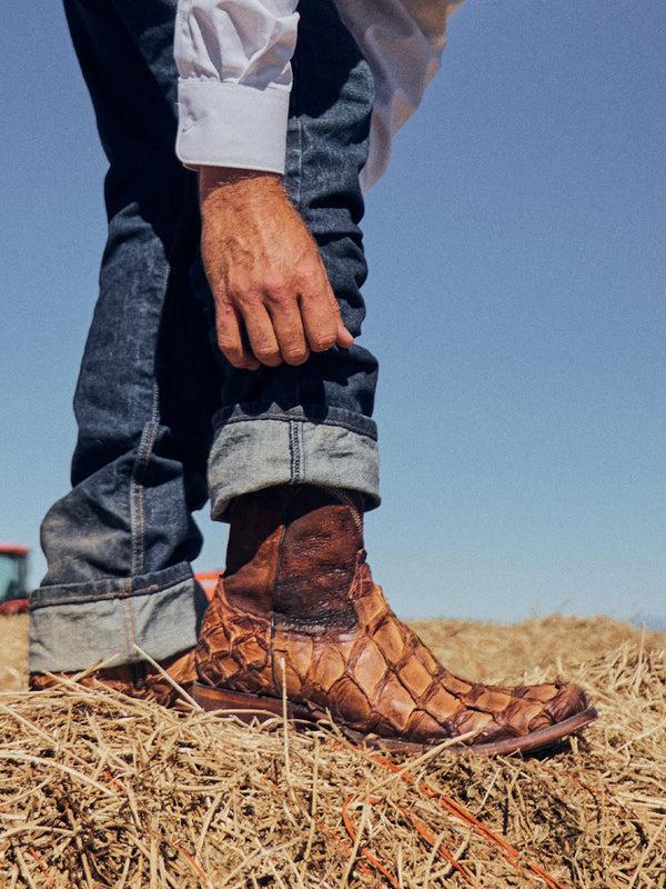 Corral Boots A4660 - MEN'S EMBROIDERY COGNAC FISH PIRARUCU NARROW SQUARE TOE SHORT COWBOY BOOT