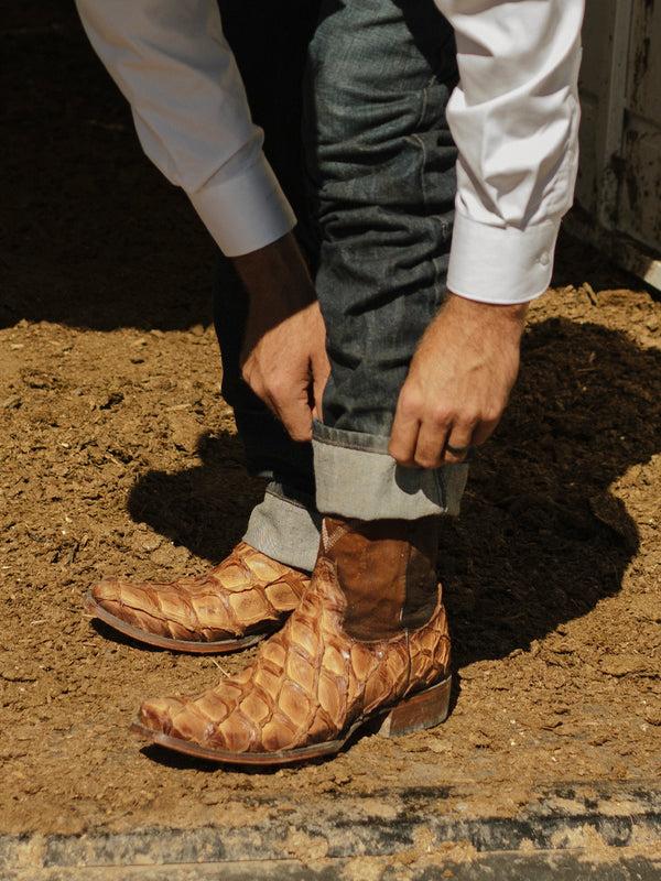 Corral Boots A4660 - MEN'S EMBROIDERY COGNAC FISH PIRARUCU NARROW SQUARE TOE SHORT COWBOY BOOT