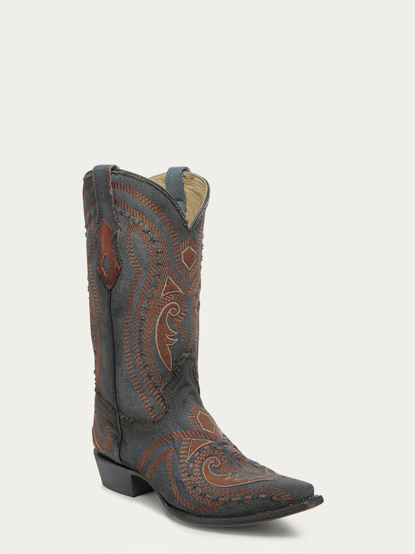 corral boots A4662 - MEN'S BROWN OVERLAY EMBROIDERY AND WOVEN SNIP TOE DENIM COWBOY BOOT