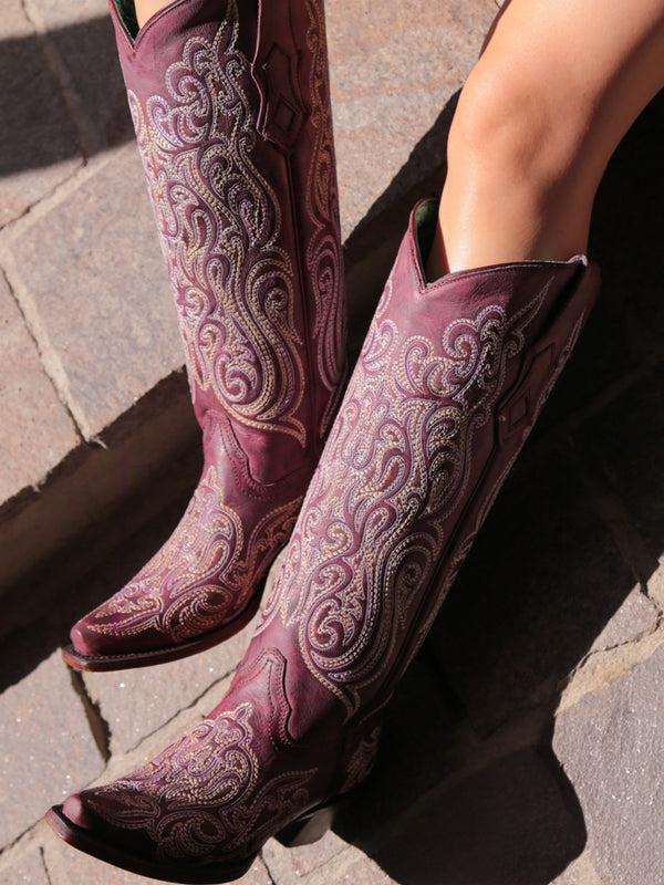 Corral Boots A4698 - WOMEN'S BLUE AND YELLOW EMBROIDERY LUMINESCENT DARK PINK TALL TOP SNIP TOE COWBOY BOOT