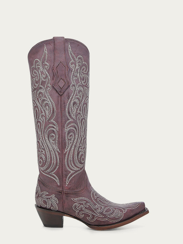 Corral Boots A4698 - WOMEN'S BLUE AND YELLOW EMBROIDERY LUMINESCENT DARK PINK TALL TOP SNIP TOE COWBOY BOOT