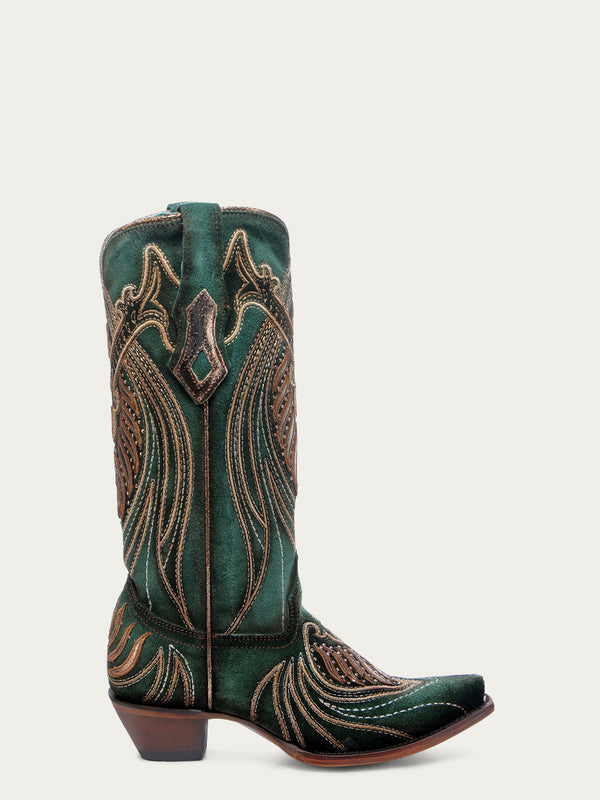 Corral Boots A4714 - WOMEN'S OVERLAY EMBROIDERY AND STUDS GREEN SNIP TOE COWBOY BOOTS