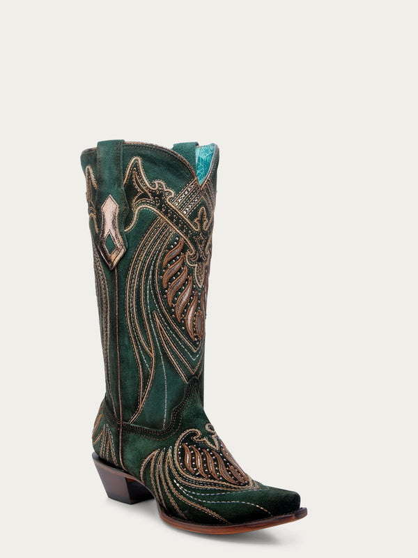 corral boots A4714 - WOMEN'S OVERLAY EMBROIDERY AND STUDS GREEN SNIP TOE COWBOY BOOTS