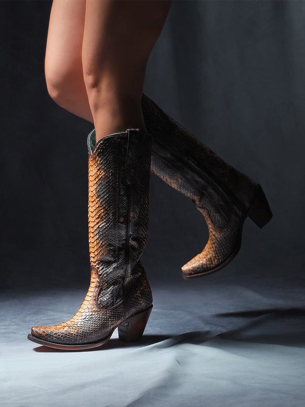 Corral Boots A4715 - WOMEN'S GENUINE FULL PYTHON SADDLE/ BLUE TALL TOP SNIP TOE COWBOY BOOT