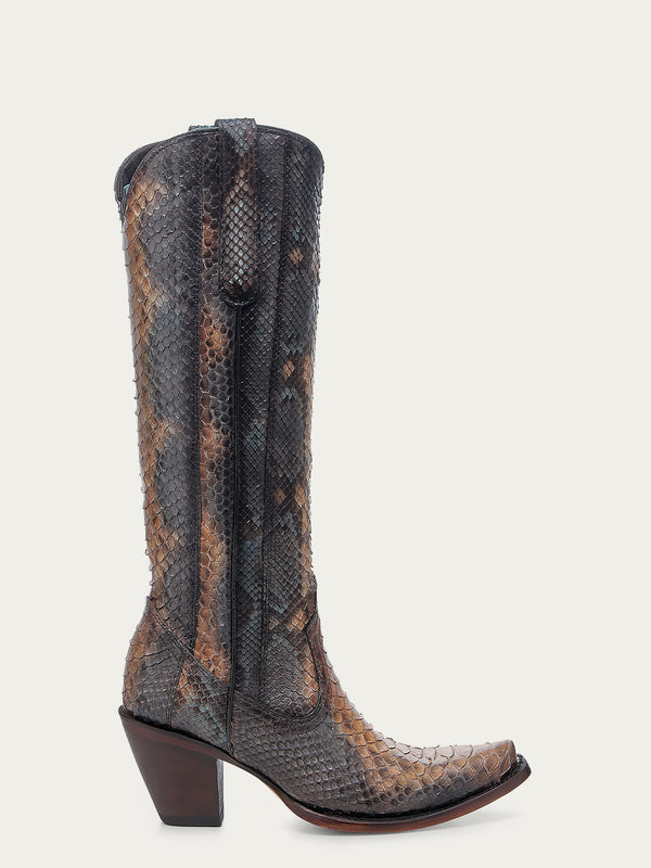 Corral Boots A4715 - WOMEN'S GENUINE FULL PYTHON SADDLE/ BLUE TALL TOP SNIP TOE COWBOY BOOT