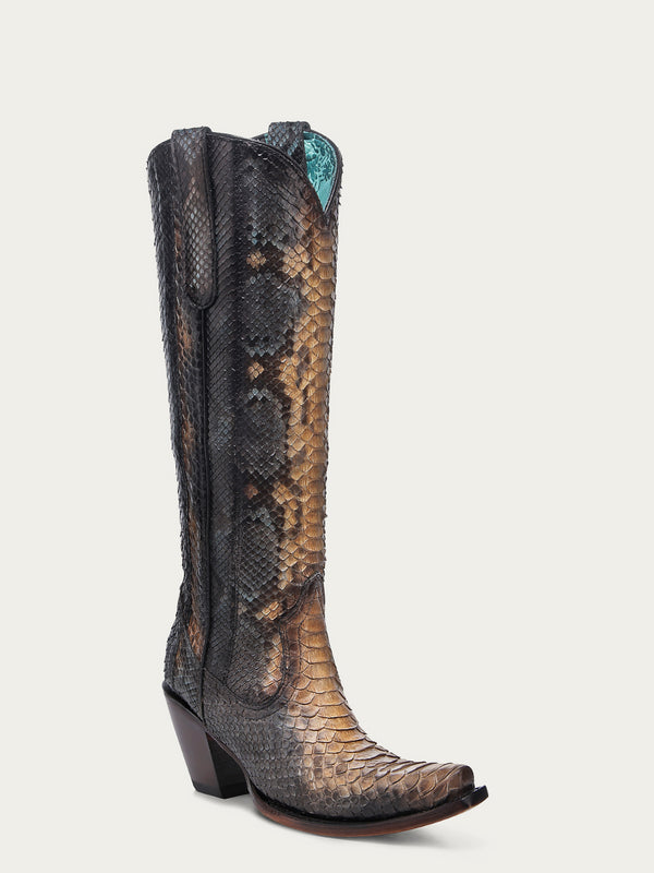 corral boots A4715 - WOMEN'S GENUINE FULL PYTHON SADDLE/ BLUE TALL TOP SNIP TOE COWBOY BOOT