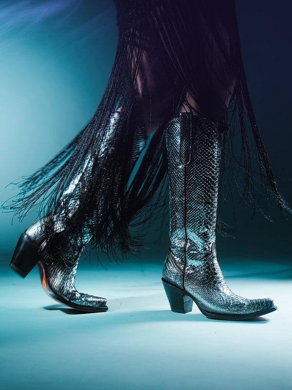 Corral Boots A4716 - WOMEN'S GENUINE FULL PYTHON BLACK AND SILVER TALL TOP SNIP TOE COWBOY BOOT